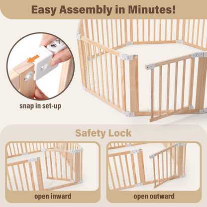 Foldable Wooden Playpen-51x51x25in-Large Baby Gate Playpen with Child-Proof Lock-Easy Assembly, Portable Design for Babies & Toddlers- Shape& Size Adjustable Baby Fence Play Area (Wood, 6 Panel)