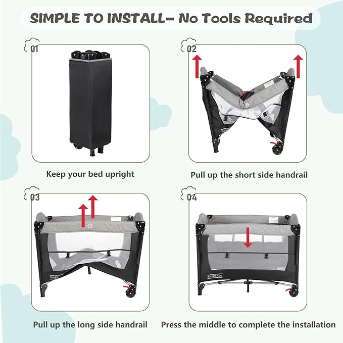 Kinder King 4 in 1 Portable Baby Playard, Foldable Baby Bedside Crib w/Bassinet, Infant Pack and Play Playard Toddler Large Playpen, Newborn Changing Table, Storage Basket, Grey