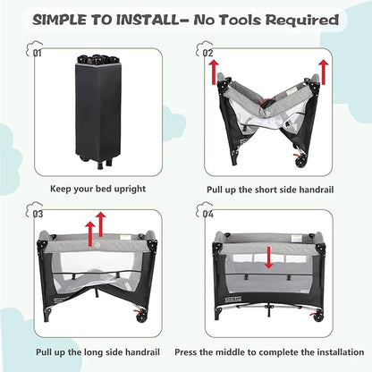 Kinder King 4 in 1 Portable Baby Playard, Foldable Baby Bedside Crib w/Bassinet, Infant Pack and Play Playard Toddler Large Playpen, Newborn Changing Table, Storage Basket, Grey