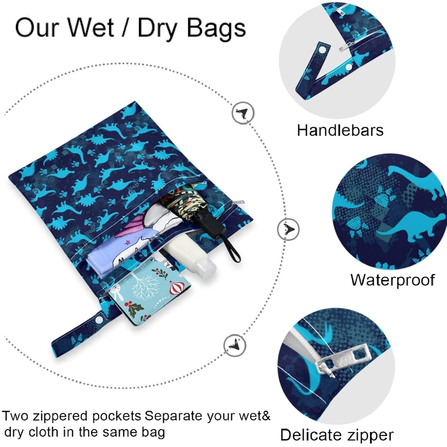 visesunny Leopard Grain 2Pcs Wet Bag with 2 Zippered Pockets Snap Handle Washable Reusable Roomy for Travel,Beach,Pool,Daycare,Stroller,Diapers,Dirty Gym Clothes, Wet Swimsuits, Toiletries