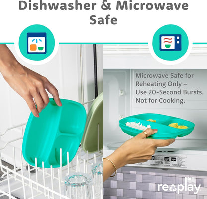 Re-Play Toddler Plates with Dividers - Deep-Walled 3 Compartments Divided Plates for Kids - Dishwasher & Microwave Safe - Made in USA - Set of 3-7.37" x 7.37" x 1.25" - Beach Baby