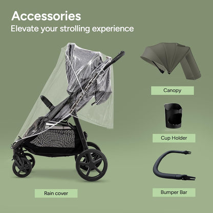 Mompush Nova Infant Baby Stroller for Newborn to Toddler, Oversized Seat up to 50 lbs, All-Terrain 10" Wheels & Suspension, One-Hand Fold; Lie-Flat Mode; UPF 50+ Canopy