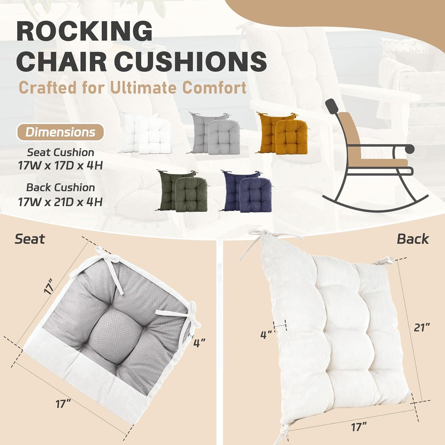 Rocking Chair Cushion with Ties Non-Slip Outdoor Rocking Chair Cushion Set Waterproof Fade-Resistant Porch Garden Patio Glider Rocker Cushions
