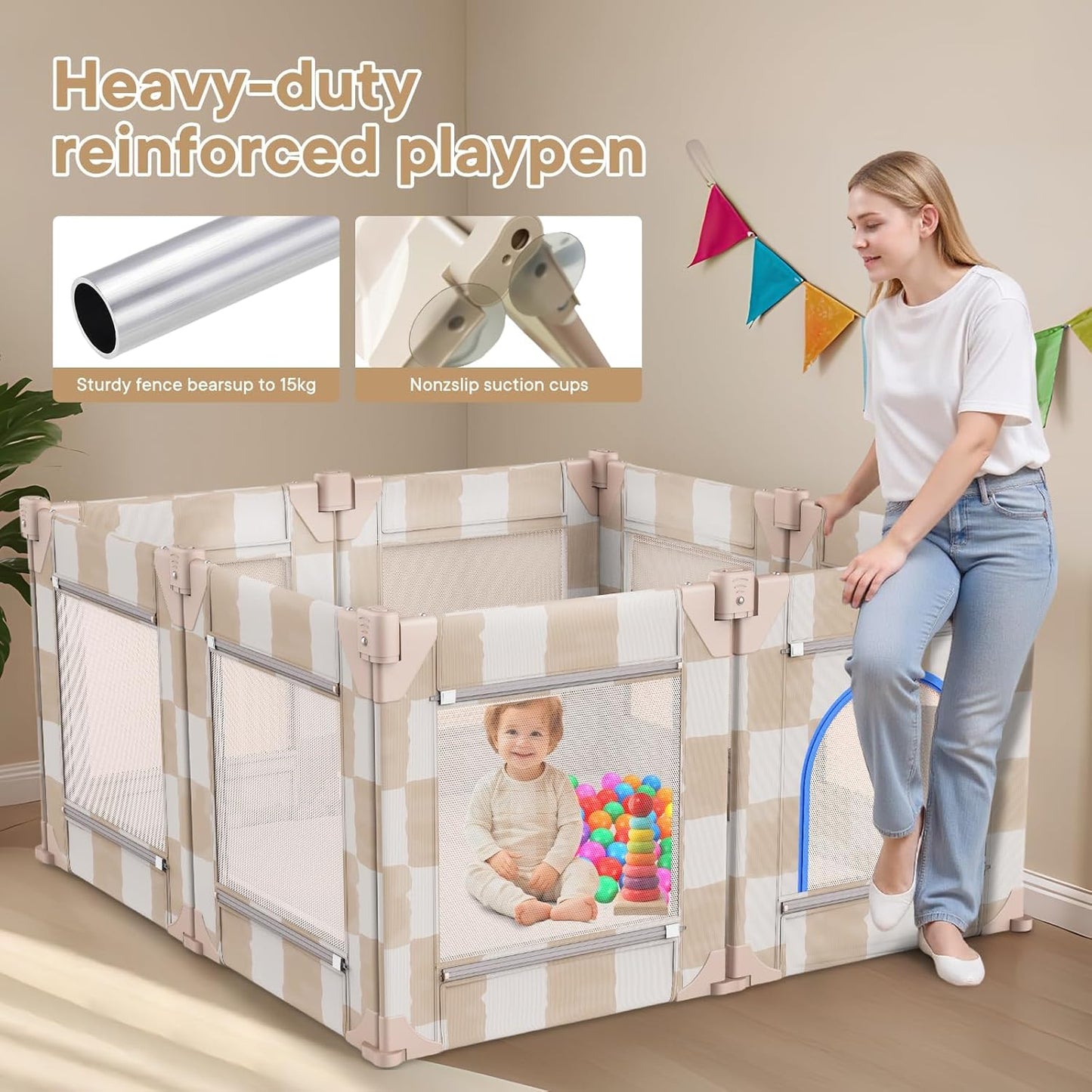 Baby Playpen for Babies and Toddlers, Upgraded 50x50 Inch Foldable No Assembly Required Play Yard with Breathable Mesh, Safe Playard with Gate, Indoor & Outdoor Infants Play Pen (1pc-Sand Checks)