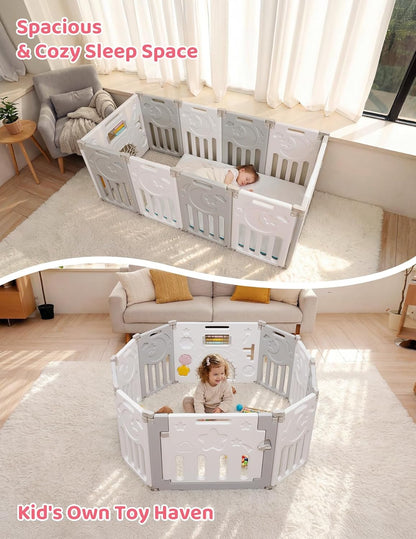 Baby Playpen, Dripex Baby Playard for Babies and Toddlers, 14-Panel Foldable Playpen Adjustable Portable Play Area, Indoor/Outdoor Kids Active Center with Game Panel & Safety Gate, Grey White
