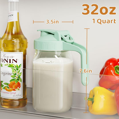 OneDream Breast Milk Pitcher 32oz Glass Pitcher with Lid, Formula Pitcher Leakproof Drip-Free Spout, Wide Mouth Mason Jar Pitcher for Easy Pouring, Dishwasher Safe Breastmilk Storage Pitcher