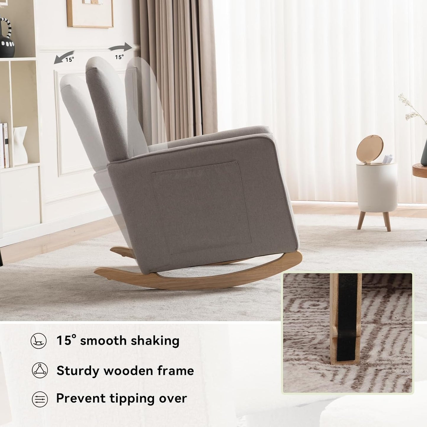 FOXHUNTER Rocking Chair Nursery with Adjustable Footrest and High Backrest, Upholstered Glider Chairs with Side Pockets for Nursery, Rocker Armchair Indoor for Living Room,Beige