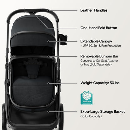 Mompush Baby Stroller, Convertible 2-in-1 with Bassinet Option, Infant Car Seat Compatible, Includes Adapter - Sturdy Full-Size Infant Stroller for Family Adventures