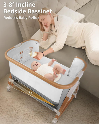 suihuooo 4 in 1 Baby Bassinet, Bassinets Bedside Sleeper with Wheels and Storage Basket, Adjustable 7 Heights Bedside Sleeper with Mosquito Net, Breathable Mesh Rocking Bassinet for Baby