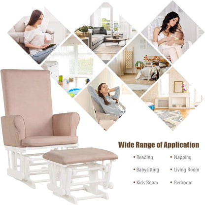 Costzon Baby Glider and Ottoman Cushion Set, Wood Baby Rocker Nursery Furniture for Napping, Nursing, Reading, Upholstered Hoop Glider & Ottoman Comfort Nursery Chair w/Padded Armrests (Pink)