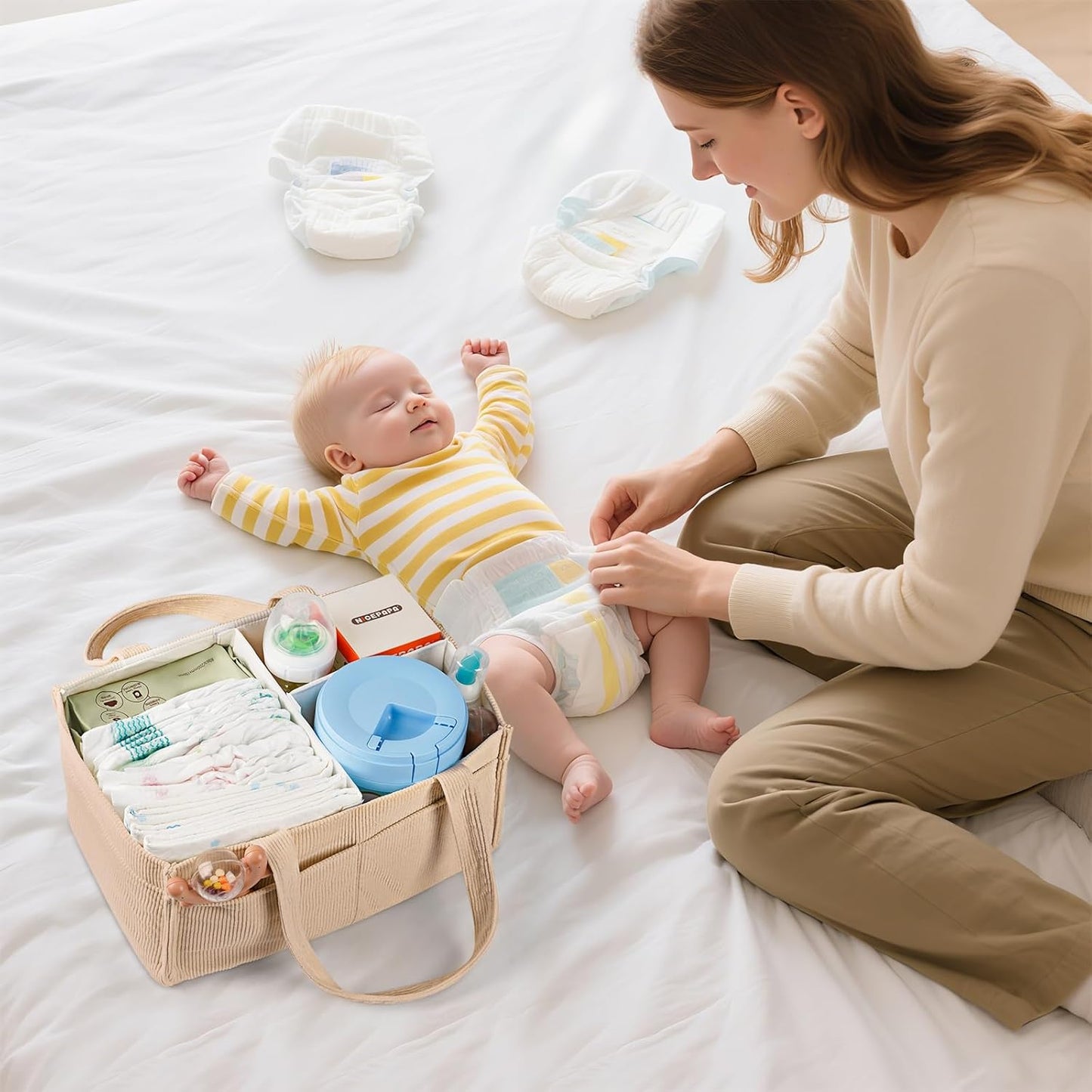 Baby Diaper Caddy Organizer - Portable Nursery Storage Basket for Newborn Essentials, Foldable Diaper Bag Organizer for Baby Shower Gifts and Registry Must-Haves, Car Organizer with Dividers (Blue)