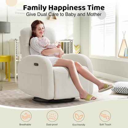 Swivel Rocker Recliner Chair, Rocking Recliner for Nursery with Side Pockets, Manual Swivel Reclining Nursery Glider Chair for Breastfeeding Living Room, Camel Chenille
