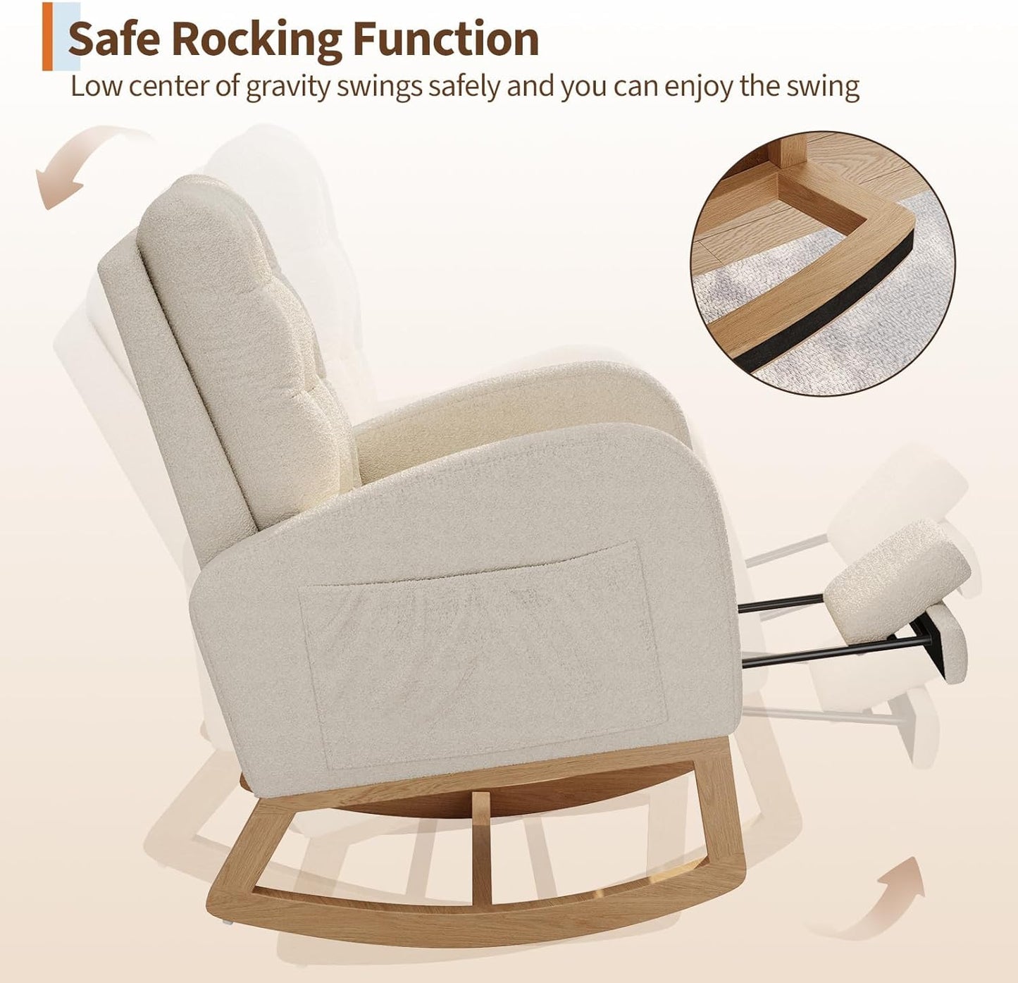 Modern Rocking Chair for Living Room, Comfortable Recliner Rocker with Side Pocket, Soft Linen Upholstered Glider Chair for Bedroom, Nursery, Lounge-Grey
