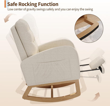 Modern Rocking Chair for Living Room, Comfortable Recliner Rocker with Side Pocket, Soft Linen Upholstered Glider Chair for Bedroom, Nursery, Lounge-Grey