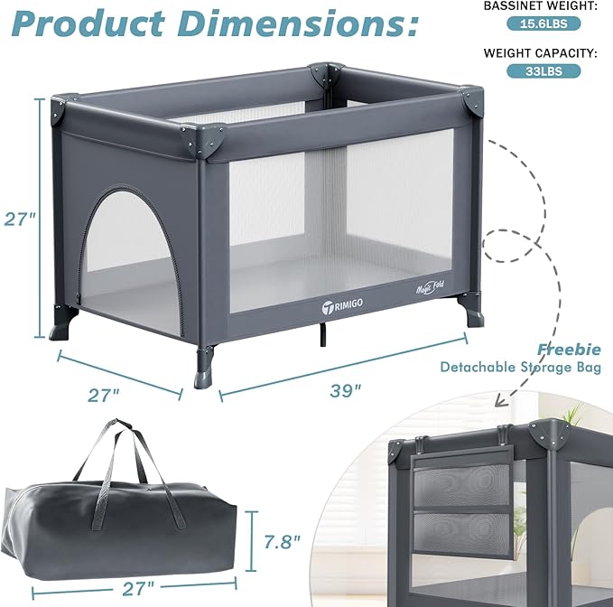 Portable Travel Crib & Playpen - Baby Safe Folding Travel Bed w/Mattress, Breathable Mesh | Compact Lightweight Baby Bed | Pack and Play for Babies & Toddlers (Grey)