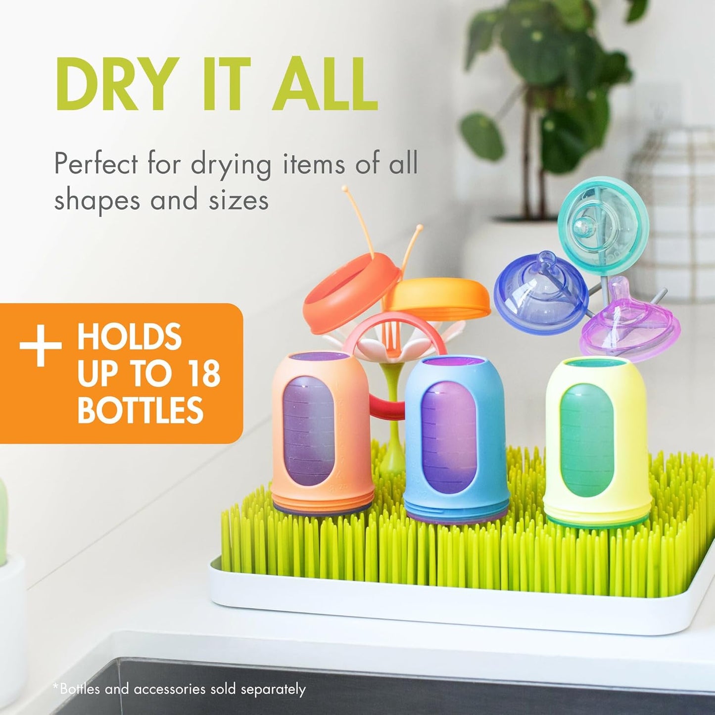 Boon Lawn Countertop Baby Bottle Drying Rack with Antimicrobial Tray - Baby Bottle Dryer and Organizer -Feeding Supplies - Gray - 13.5 x 11 x 2.5