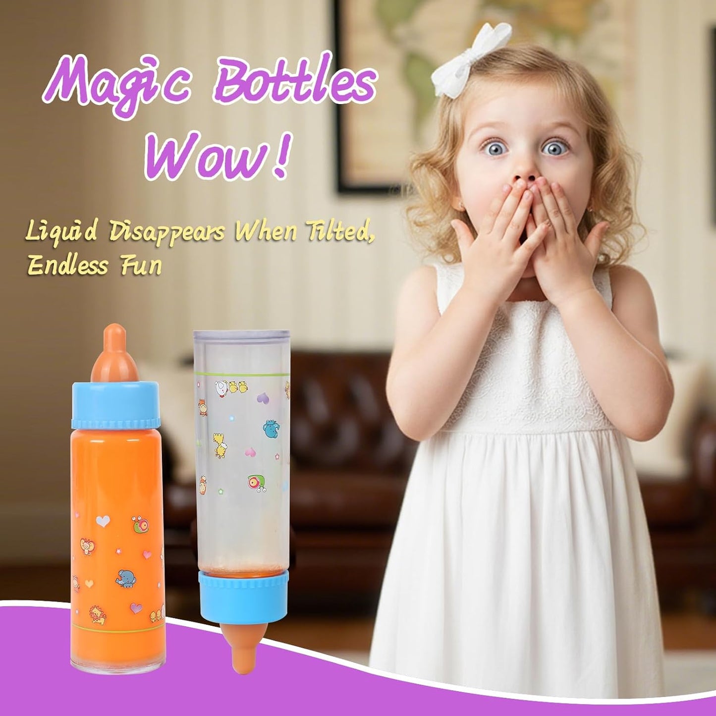 CARANOVO Baby Doll Accessories Set – 7 Pcs Feeding and Caring Set with Magic Disappearing Bottles, Pacifier, Diapers and Bibs Doll Pretend Play Gift for Kids