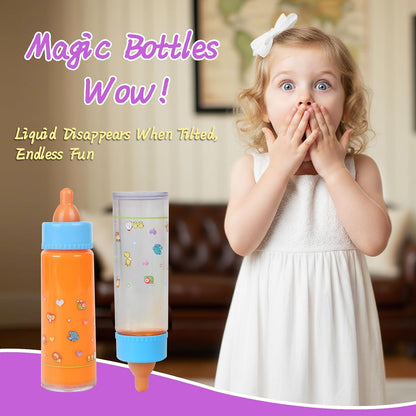 CARANOVO Baby Doll Accessories Set – 7 Pcs Feeding and Caring Set with Magic Disappearing Bottles, Pacifier, Diapers and Bibs Doll Pretend Play Gift for Kids