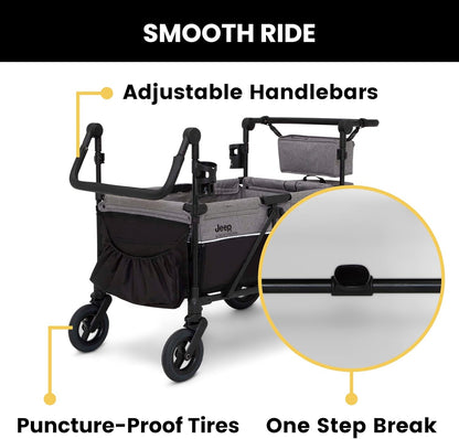 Jeep Wrangler Deluxe 4 Seater Stroller Wagon by Delta Children - Premium Quad Stroller Wagon for 4 Kids with Convertible Seats, Adjustable Push/Pull Handles, Removable Canopy & Flat Fold, Grey