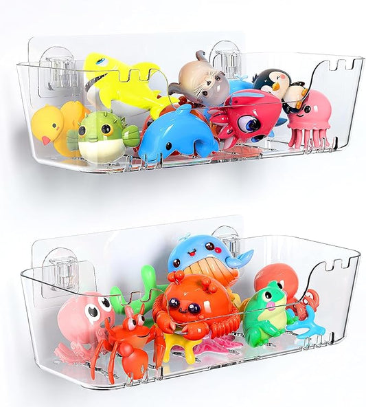 Bath Toy Storage Holder for Bathtub, Clear Acrylic Bath Toy Organizer with Drain Holes, 2 Pack Large Capacity Bathtub Toy Storage Shower Caddy for Bathroom