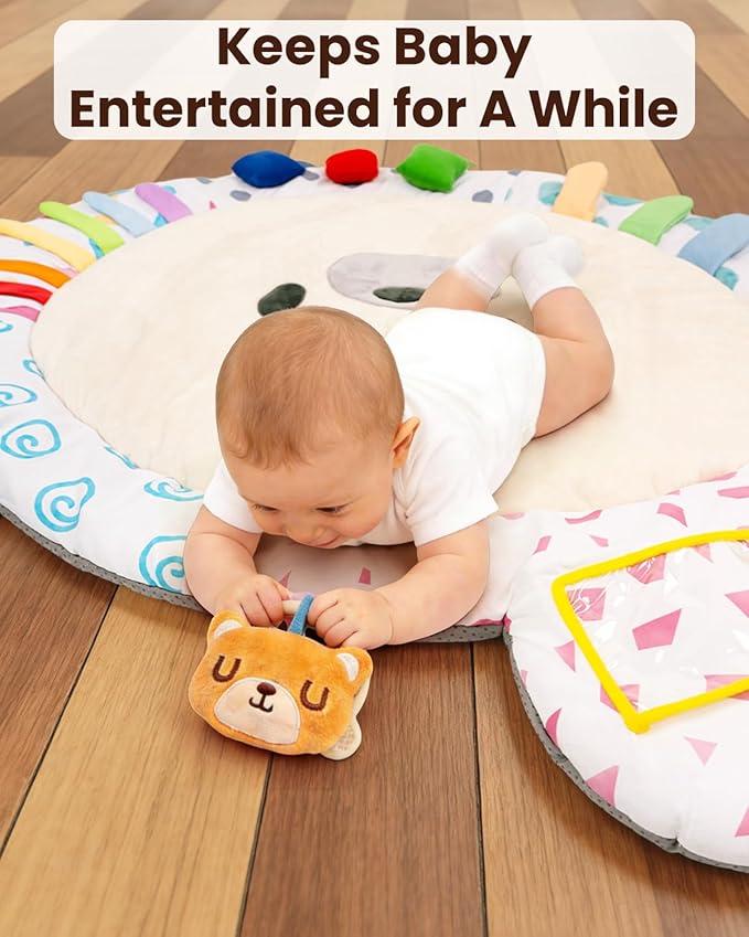 Baby Play Gym, Thickened and Non Slip Activity Mat, 5 Developmental Zones Tummy Time Mat with 5 Detachable Sensory Toys for Motor Skills, Baby Essentials Shower Gift Box(Bear)