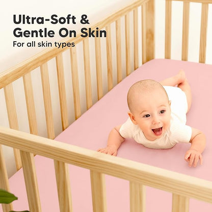 2-Pack Waterproof Baby Crib Sheets for Boys, Girls - 52x28 Viscose Derived from Bamboo Toddler Bed Sheet Neutral, Fitted Crib Mattress Protector Cover for Baby Bedding, Soft & Gentle (Rose)