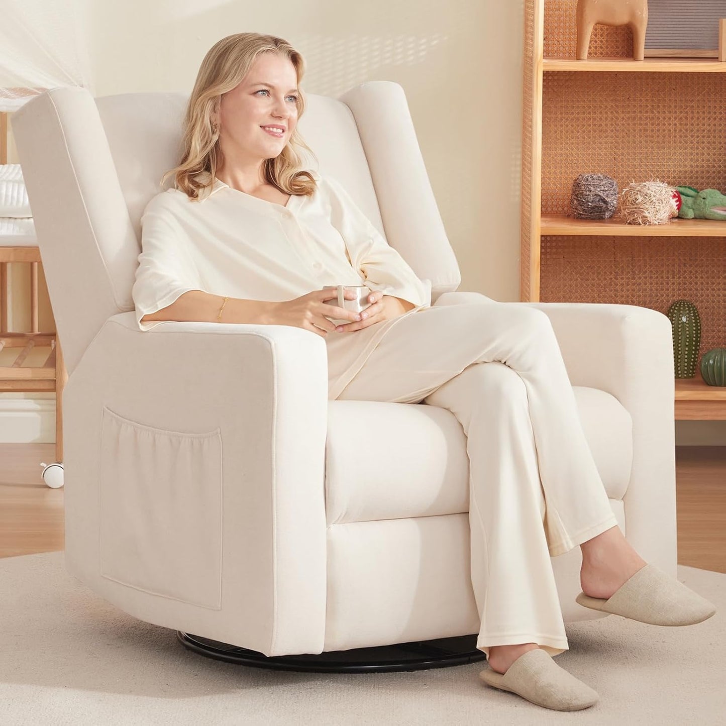 Tbfit Nursery Rocking Chair,360°Swivel Recliner Chair with Lumbar Support for Bedroom, Comfy Upholstered Armchair with Pillows & Footrest for Living Room & Baby Room