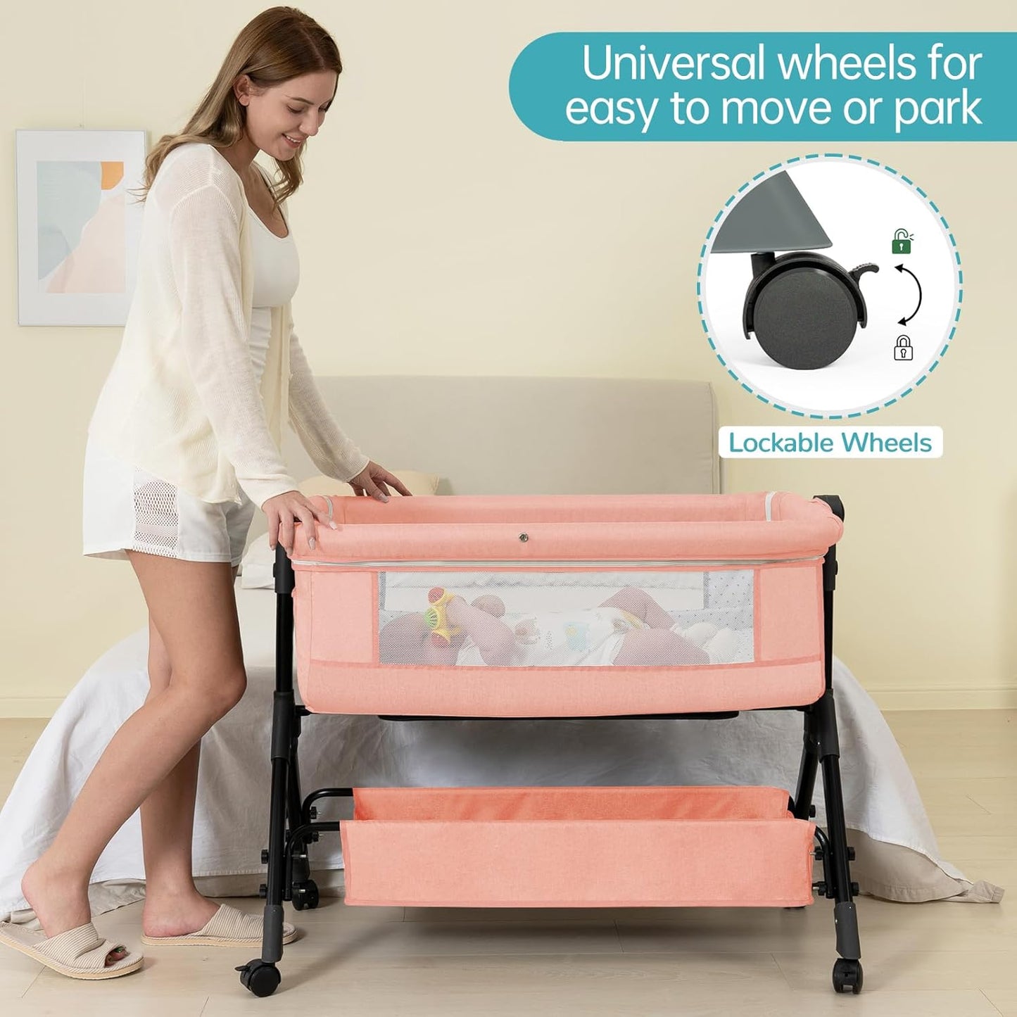 BCOL 3 in 1 Baby Bassinet Bedside Sleeper, Bedside Crib for Baby, Adjustable Baby Bassinet with Wheels, Storage Basket, Mattress, Easy Assemble & Folding Portable Baby Cradle (Grey)