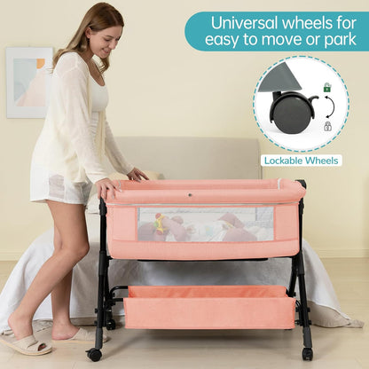 BCOL 3 in 1 Baby Bassinet Bedside Sleeper, Bedside Crib for Baby, Adjustable Baby Bassinet with Wheels, Storage Basket, Mattress, Easy Assemble & Folding Portable Baby Cradle (Grey)