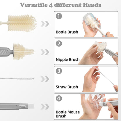 7-in-1 Baby Bottle Brush Set, Silicone Bottle Cleaner Kit with Nipple & Straw Brush, Soap Dispenser, Drying Rack & Travel Storage Case, Baby Bottle Cleaning Essentials (Green-Crocodile