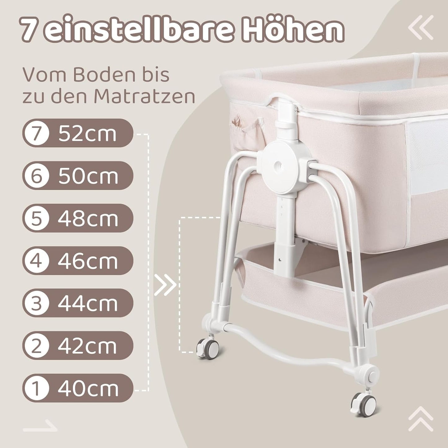 suihuooo 4 in 1 Baby Bassinet Bedside Sleeper, Rocking Baby Crib with Lockable Wheels, Storage, Mosquito Net and Matress Included, 7 Level Adjustable Bedside Bassinet for Baby Newborn (Cream)