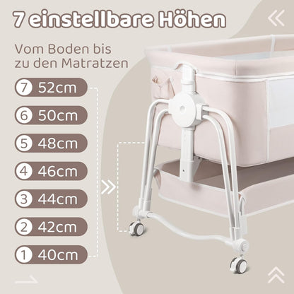 suihuooo 4 in 1 Baby Bassinet Bedside Sleeper, Rocking Baby Crib with Lockable Wheels, Storage, Mosquito Net and Matress Included, 7 Level Adjustable Bedside Bassinet for Baby Newborn (Cream)