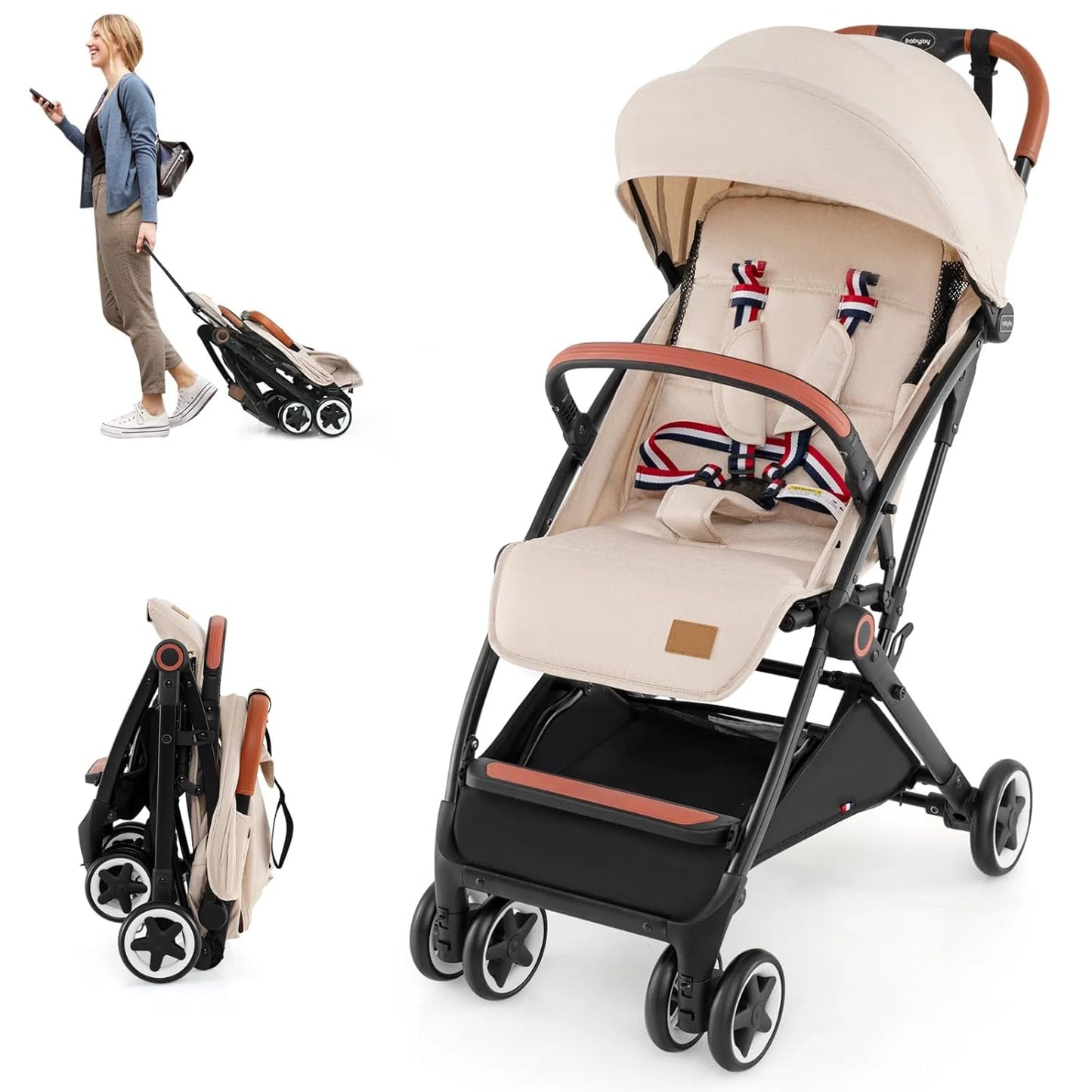 HONEY JOY Travel Stroller, One-Hand Quick Fold Lightweight Umbrella Stroller for Airplane, Wrist Wrap & Net, Multi-Position Recline, Overhead Friendly Compact Stroller for Newborn and Toddler(Gray)