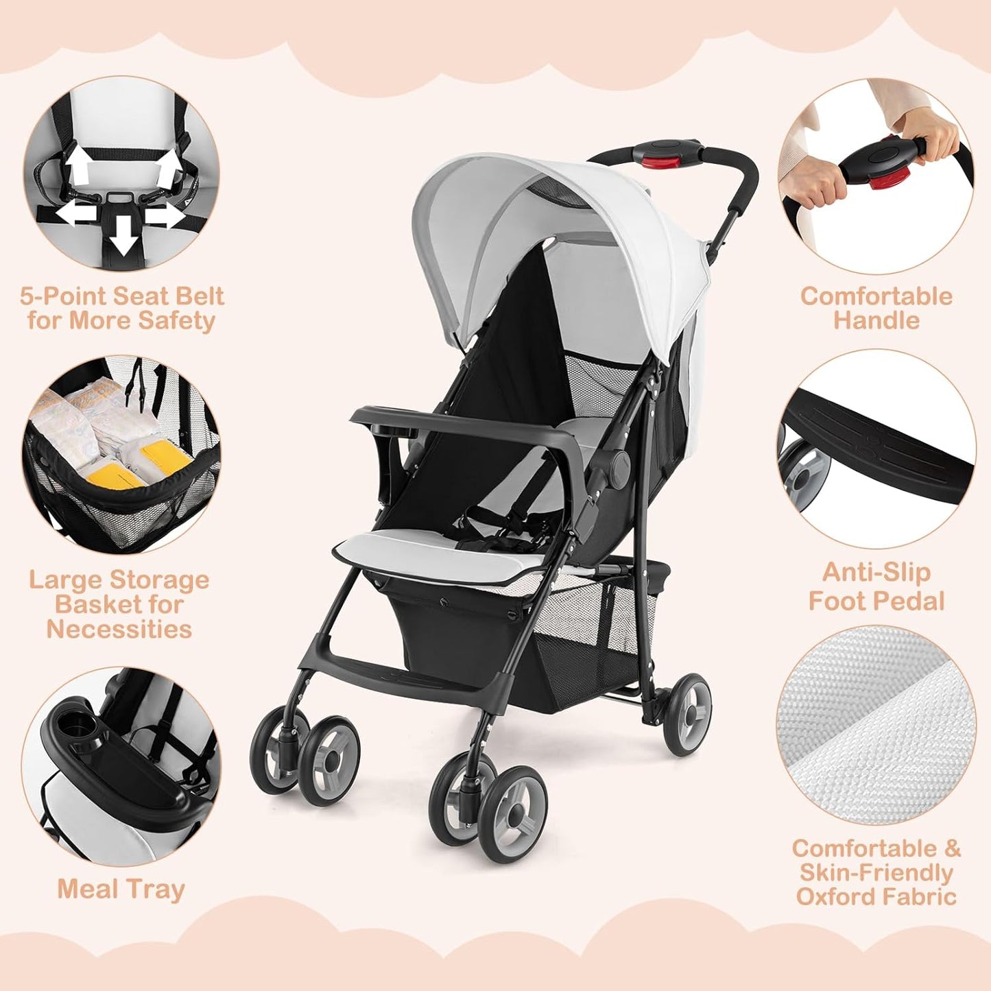 HONEY JOY Lightweight Stroller, Compact Travel Stroller for Airplane, Toddler Fold Pushchair w/Adjustable Canopy & Backrest, Storage Basket, Umbrella Stroller for Infants (Gray)