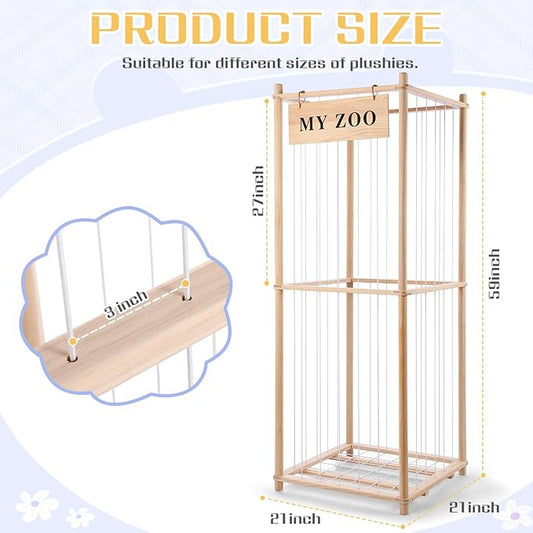 GLDZI Stuffed Animal Storage Zoo, Wooden Stuffed Animal Organizer with Elastic Cords for Boys Girls, Space Saving Toy Plushies Storage Holder for Playroom, Bedroom, Living Room (Burlywood, Large)