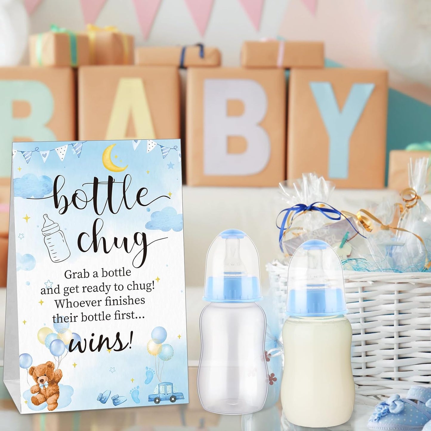 TrelaCo Bottle Chug Baby Shower Game 20 Pcs Baby Bottles Shower Favor with 1 Greenery Theme Sign for Gender Reveal Party Supplies Gifts(Green)