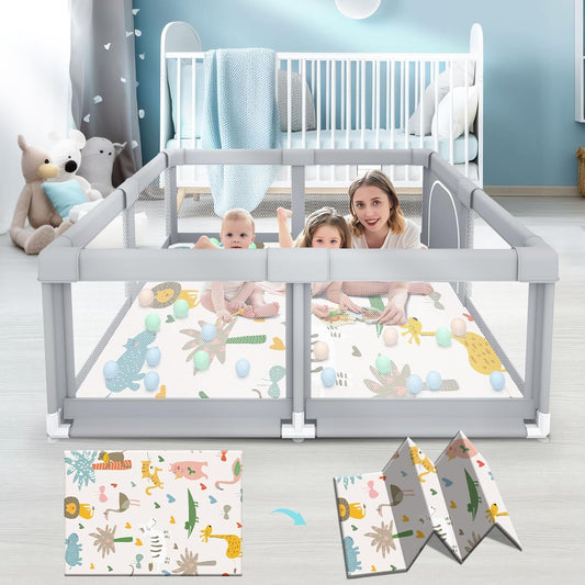 Fshibila 74" ×50" Large Baby Playpen, Baby Playard for Babies and Toddlers, Baby Fence Play Pens for Indoor & Outdoor, Sturdy Safety Play Yard with Soft Breathable Mesh, Anti-Fall, Grey