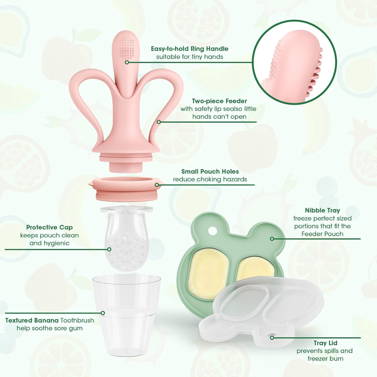 JEXFUN Baby Fruit Feeder & Breastmilk Popsicle Mold Set, Silicone Food Feeder Pacifier for Cooling Relief with 3 Replaceable Pouches, BPA-Free Teething Toy for Safe Infant Self Feeding (Pea Green)
