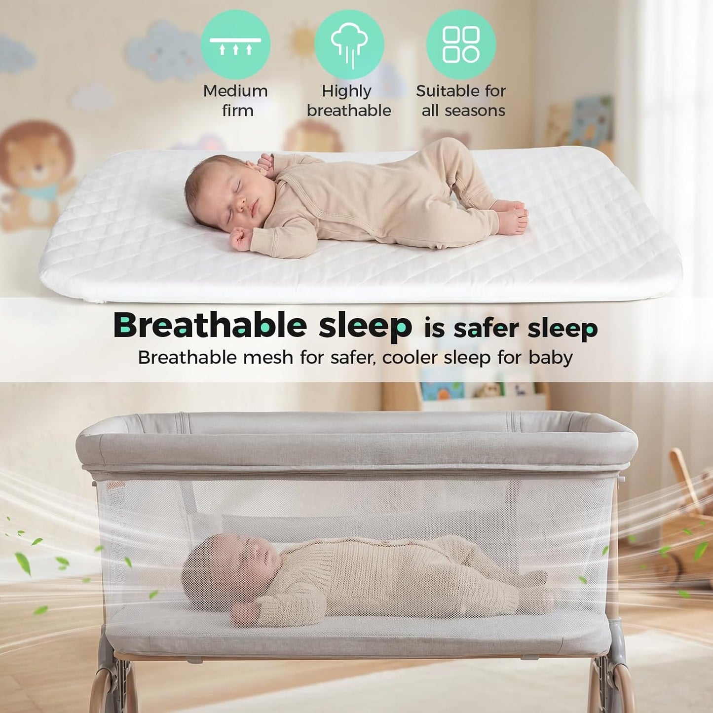Cowiewie Bassinet Bedside Sleeper, Breathable Baby Bedside Bassinet and Mattress, Lightweight and Portable for Bedside Sleeping, Light Grey