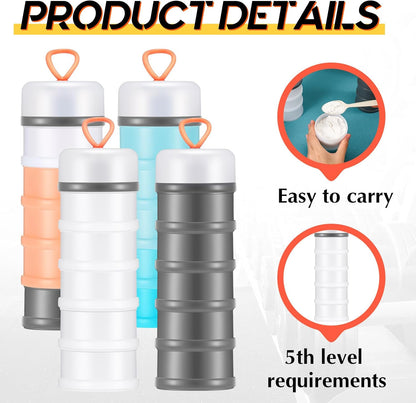 Baderke 4 Pcs Protein Powder Container 5 Layers Stackable Leakproof Container Powder Dispenser with Funnels Stand Keychain Flour Canister for Workout Fitness(Black, White, Blue, Pink)
