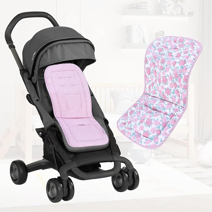 Baby Stroller Cushion,Infant Car Seat Insert-Reversible Universal Breathable and Soft Newborn Stroller Mat,100% Cotton Cover Toddler Seat Pad Liner-34x78cm,1 Pack(Pink Rose+Pink Plaid)