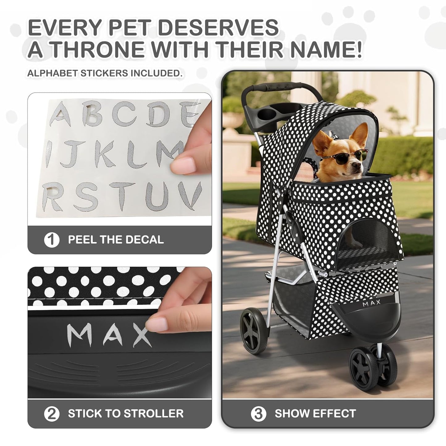MoNiBloom Foldable Pet Stroller with Weather Cover, 3 Wheels Pet Strolling Cart for Small/Medium Dogs and Cats with Storage Basket and Cup Holder, Breathable and Visible Mesh for All-Season, Black