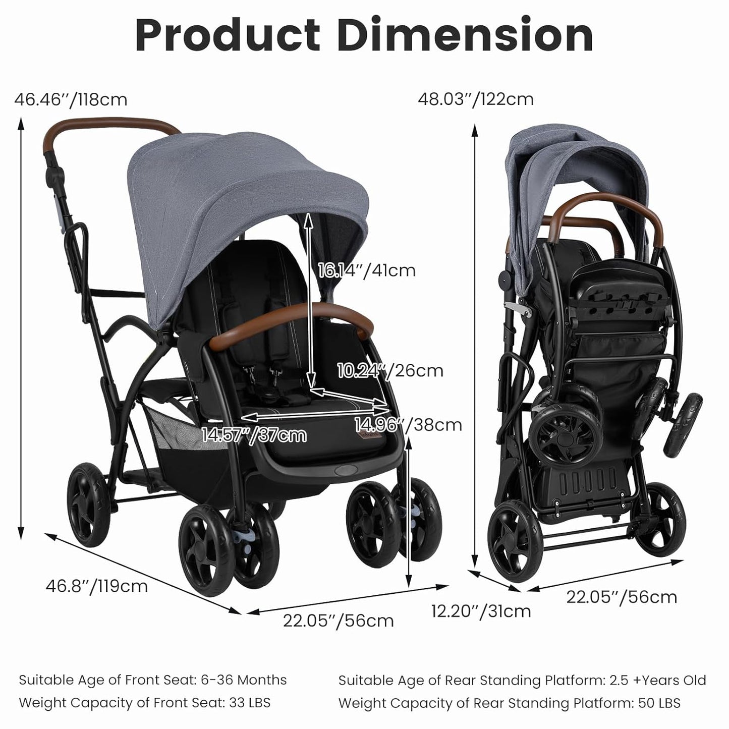 INFANS Sit and Stand Double Stroller, Foldable Tandem with Standing Platform Reclining Backrest, Adjustable Handlebar and Footrest, Storage Basket 5-Point Harnesses, Baby Pushchair for Toddlers