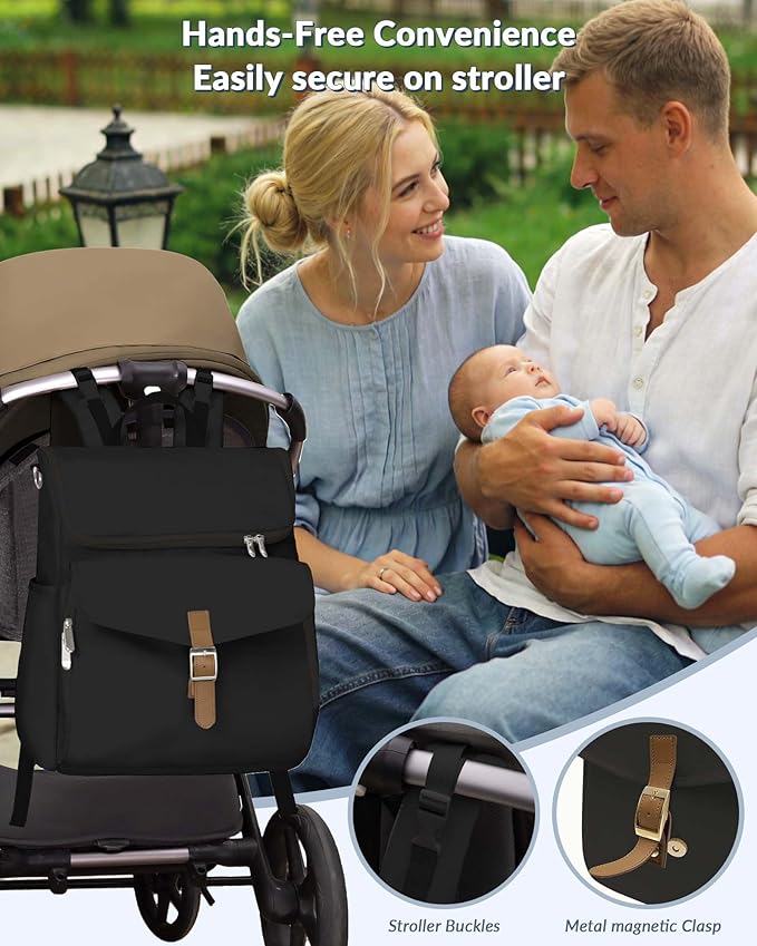 Diaper Bag Backpack, 15 Pockets Baby Bag, Girl Boy Travel Tote Bag with Insulated Pocket, Cute Diaper Bag Stroller Straps, Baby Shower & Registry Gift for Mom Dad Black