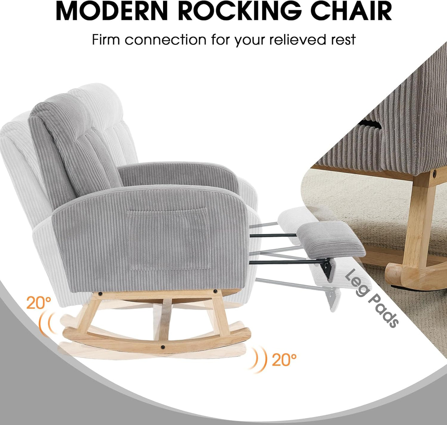 NIOIIKIT Nursery Rocking Chair, Corduroy Upholstered Rocking Chair with Adjustable Footrest, Tufted Rocker Chair with Side Pocket, Glider Rocker for Living Room, Bedroom (Cream Retro)