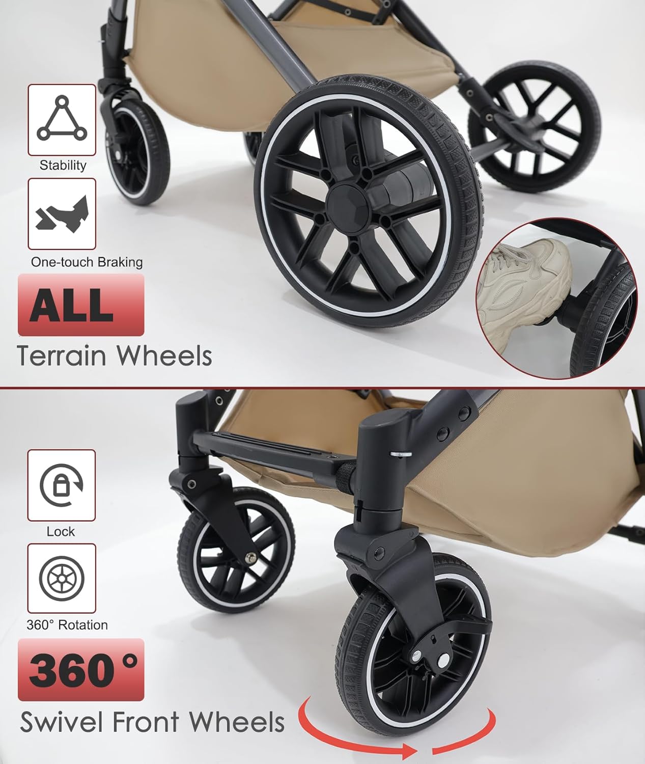 Small Dog Stroller, Pet Stroller for Small Dogs up to 55lbs- Fold All in One Without Detaching Carrier, Cat Stroller with Reversible Handle,Cup Holder (Khaki)