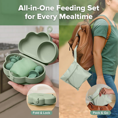 haakaa Cloud Crew Silicone Travel Baby Feeding Set with Foldable Suction Baby Plate, Silicone Bib, Baby Spoon and Fork, Waterproof Travel Bag, 6M+