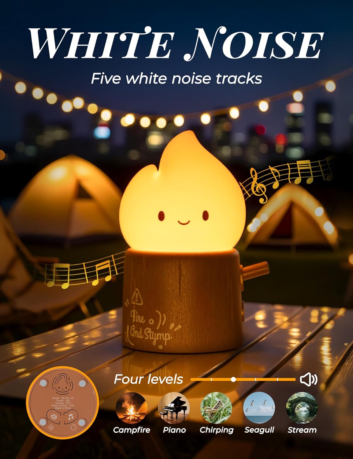 3pcs Cozy Campfire Nightlight Kits, Soothing Nature Sounds, White Noise Night Light for Baby Adult, Rechargeable, Cute Flame Lamp, Best Gift for Kids Bedrooms Camping Trips