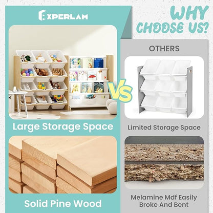 EXPERLAM Kids Toy Storage Organizer - Toy Organizer with Bookshelf, Toy Storage with 12 Toy White Bins and 4 Book Shelves, Toy Organizers and Storage for Playroom, Nursery, Kids Room, Burlywood
