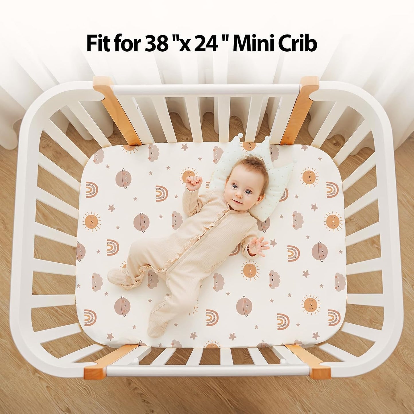Baby Mini Crib Sheets Girl, Portable 38”x26” Pack and Play Sheets Fitted for Playard and Pack N Play Mattress, 3-Pack Soft Microfiber Pink Rainbow